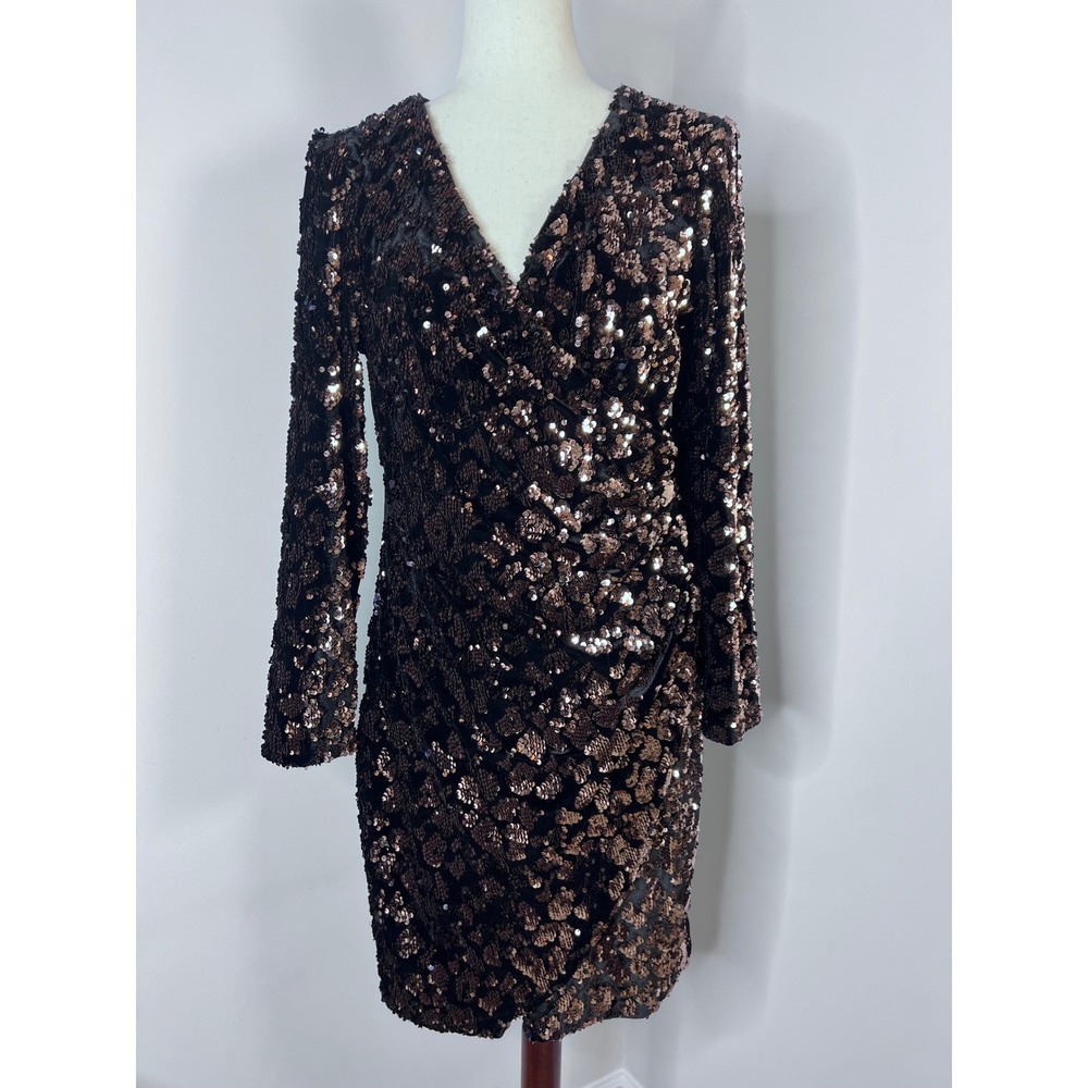 Julia Jordan Sequin Velvet Faux Wrap Dress Black Bronze Metallic Size 10